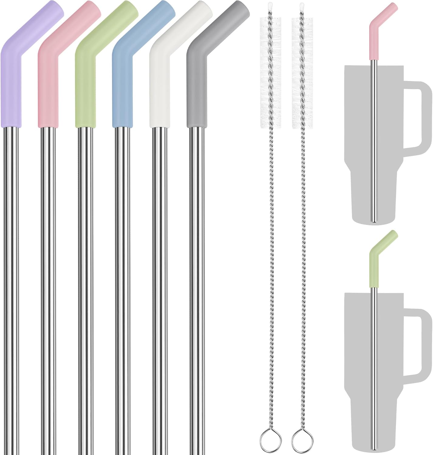 Tomorotec 40oz Straws, 13 Inch Stainless Steel Straw with Silicone Extender Tip for Stanley Adventure Quencher Tumbler 6-Pack with 2 Brushes, 0.35