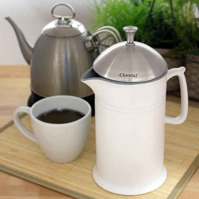 Chantal Stoneware French Press with Stainless Steel Plunger and Lid, 28 ounce capacity, White