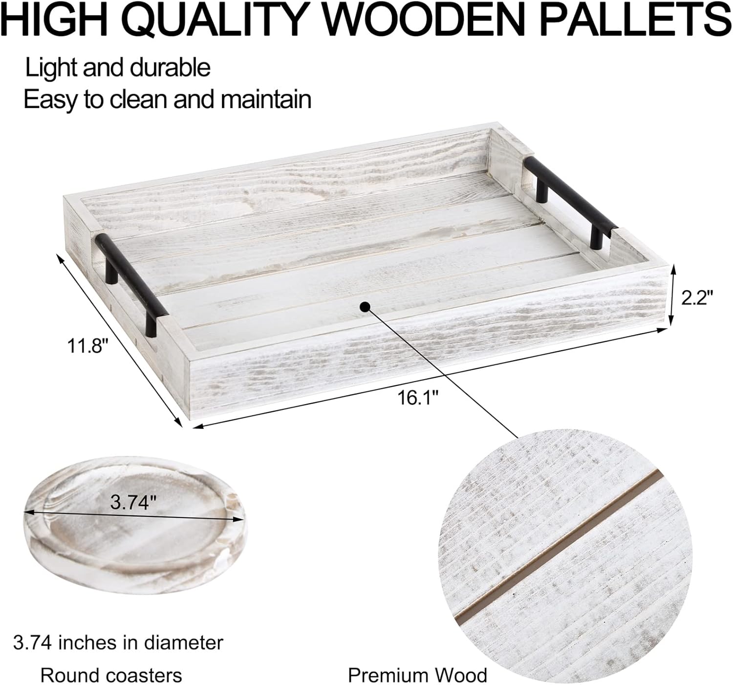 Wooden Serving Ottoman Tray With 4 Coasters, Breakfast Tray With Handles, Home Decor for Living Room, Coffee Table