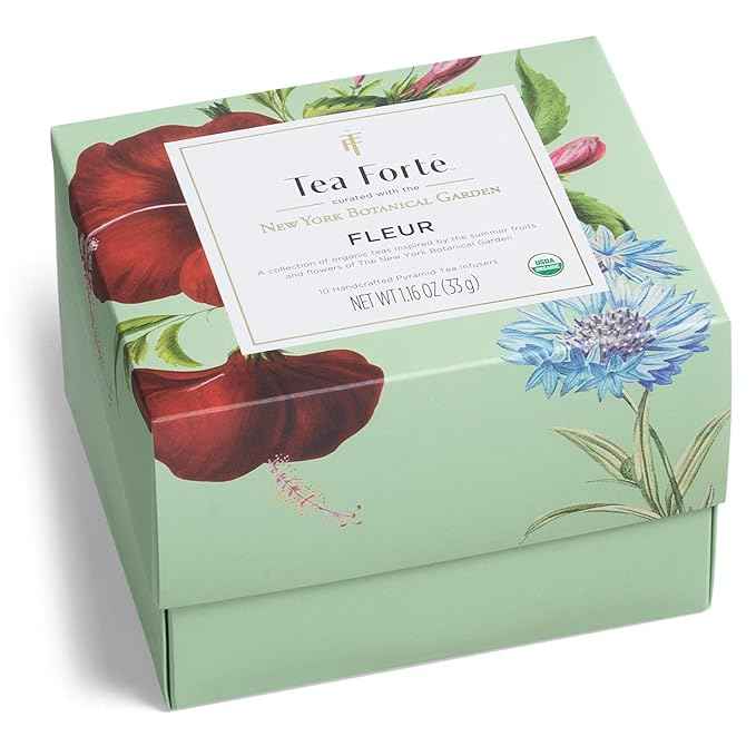 Tea Forte Fleur 3-Piece Premium Tea Gift Set with Pale Mint Green Cafe Cup with Lid, Tea Tray and 10 Assorted 2 of Each Variety Organic Handcrafted Pyramid Infuser Tea Bags