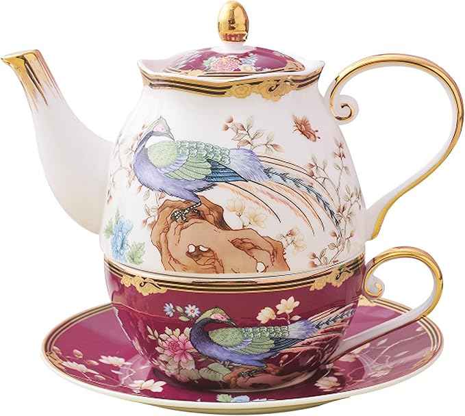 ACMLIFE Bone China Tea Set for One Teapot fnd Cup Set, Vintage Floral Tea Cup Set With Teapot and Saucer Set 12 Oz Bone China Tea for One Set Teapot and Cup Set for Gift