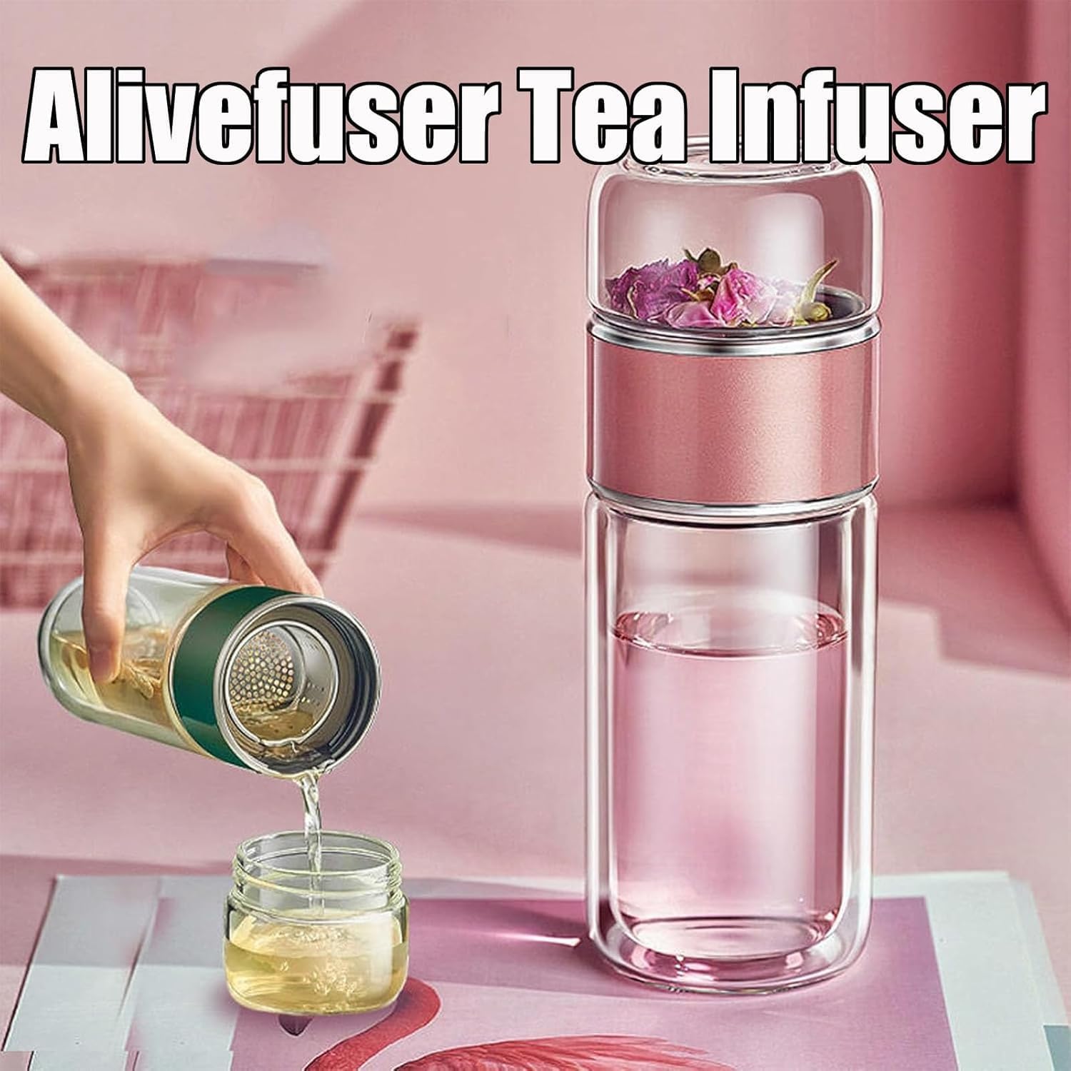 Tryteava Glass Infuser, Tryteava 3-in-1 Smart Tea Infuser, Portable Glass Double Wall Tea Infusers Bottle, with Stainless Steel Filter, Hot & Cold Brew, For Loose Leaf, Office Home (Black, 280ml)