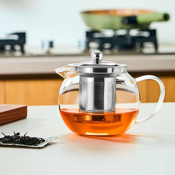 Baalaka Glass Teapot Stovetop 22 OZ/650ml, Tea pot with Removable 18/8 Stainless Steel Infuser, Borosilicate Clear Tea Kettle, Teapot Blooming and Loose Leaf Tea Maker Tea Brewer for Camping, Travel