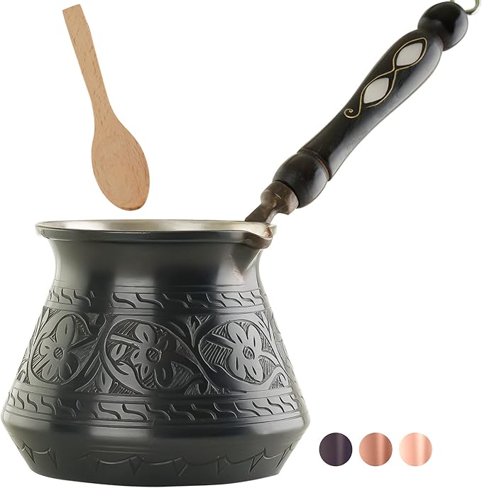 BCS 18 Oz X-Large Copper Turkish Greek Arabic Coffee Pot with Wooden Handle (6 servings) Cezve Briki Ibrik Stovetop Coffee Maker (Includes Wooden Spoon)