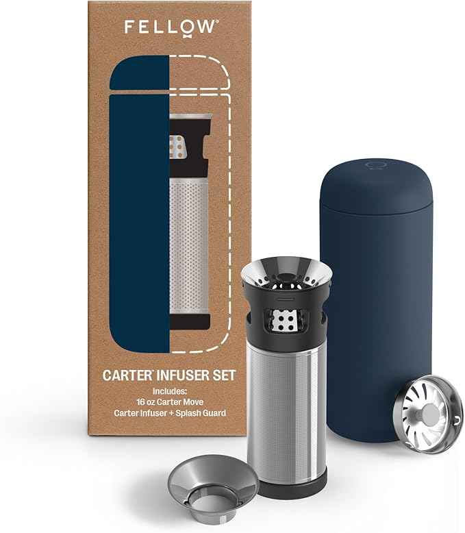 Fellow Carter Tea + Cold Brew Infuser & Carter Move 16 oz Tumbler Set - Steep Tea On-The-Go - Vacuum-Insulated Stainless Steel Travel Mug w/Snap-In Infuser For Steeping Tea, Cold Brew, Stone Blue