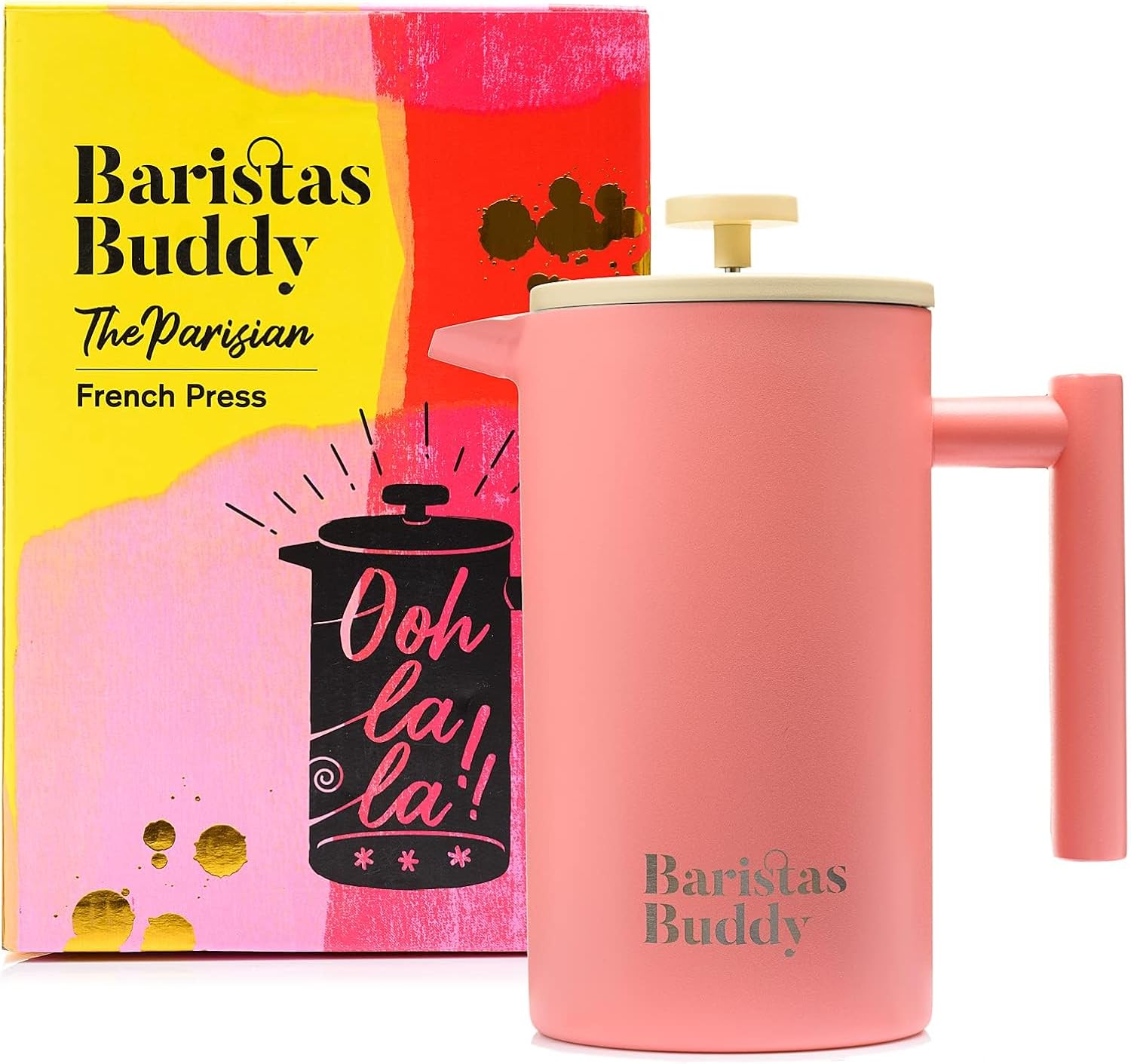 Cute Pink French Press Coffee Maker - Colorful, Retro And Stylish Insulated Coffee Brewer - Large Size Brews 4 Cups - Blissbrew
