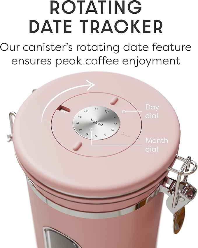 Veken Coffee Canister with Window, Easter Gifts Airtight Stainless Steel Container with Lids, Home Kitchen Food Storage Jars for Grounds, Beans, Tea, Flour, Cereal, Sugar, Basket, Scoop, 22OZ, Pink