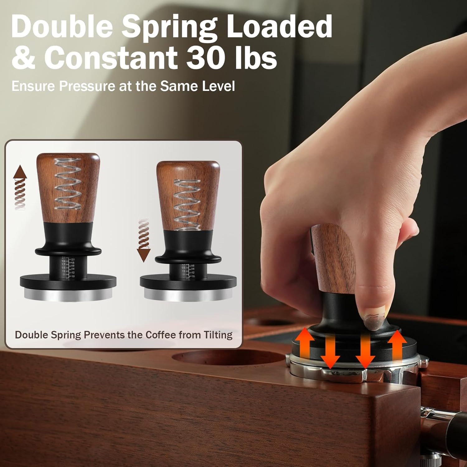 PUSEE 58mm Espresso Tamper, Calibrated Tamper with 30lbs Double Spring Loaded Tamper Walnut Wood Coffee Tamper for Barista Home,Stainless Steel Base Tamper Espresso Tool Fits 58 Portafilters