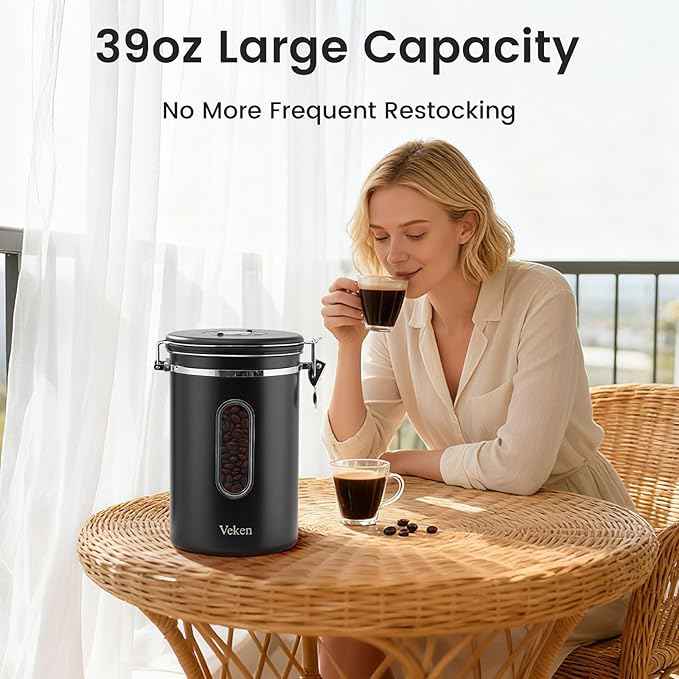 Veken Large Coffee Canister with Window, Kitchen Food Storage Airtight Stainless Steel Container for 2.2lbs Coffee Beans, Grounds, Rice,Tea, Flour, Cereal, Sugar Jars,Date Tracker and Scoop 39oz,Black