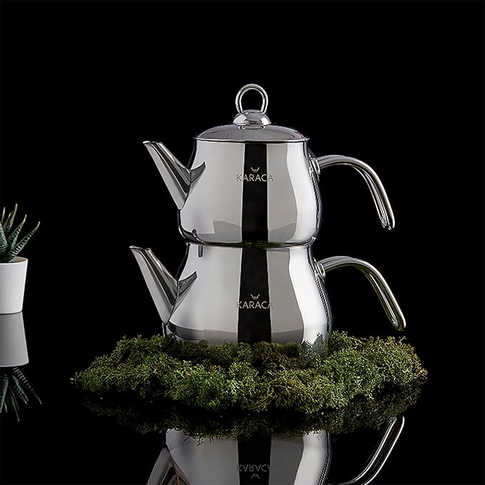 Karaca Layla Teapot Set, Medium, Stainless Steel, Tea Pot 1L (2.2lb), Kettle 1.75L (3.85lb), Silver, Transparent, Tea Maker, Kettle, Turkish Tea Kettle, Tea Maker, Induction Safe