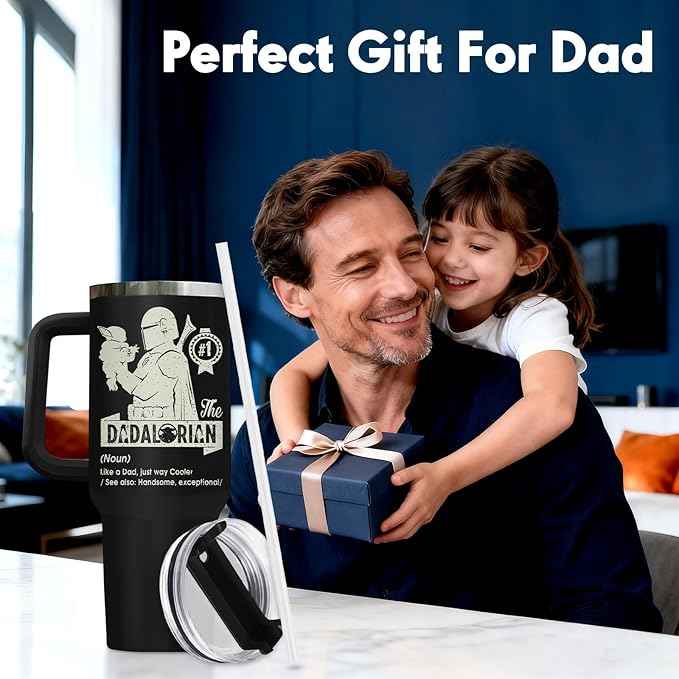 34HD Dadalorian Dad Tumbler 40oz with Handle Lid and Straw, Funny Daddy Galactic Nutrition Facts Gift, Black Stainless Steel Insulated Cup for Men, Space Theme Father’s Day Birthday Present