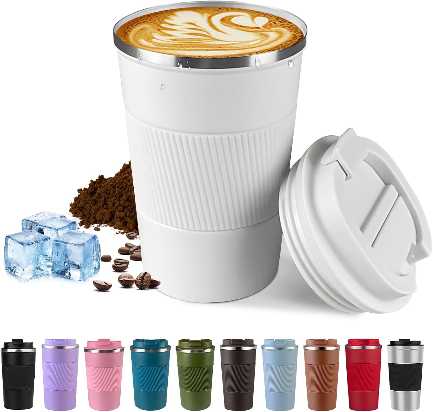 Vacuum-Insulated Stainless Steel Travel Coffee Mug, Leak-Proof Reusable Coffee Cup with Lid - Keep Hot & Cold Drinks for Hours, Durable Thermos Tumbler for Men & Women (3rd-White, 12OZ)