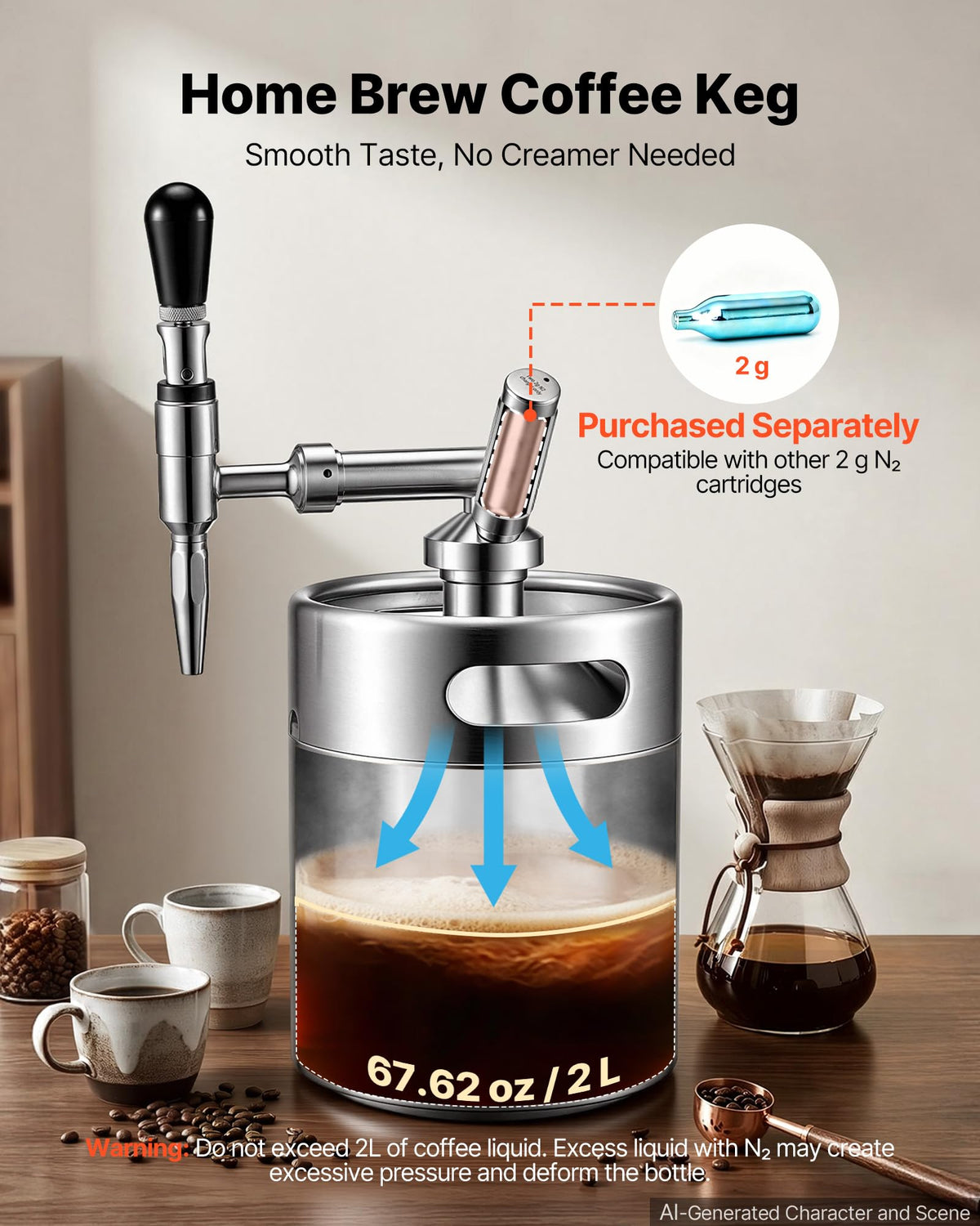 Nitro coffee dispenser tap and accessories