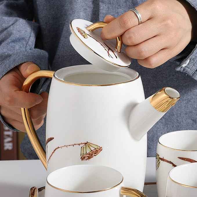 Porcelain Tea Set for Adults, Ceramic Afternoon Tea Set with Teapot, 6 Cups & Tea Tray, Luxury Gift Tea Service for Parties & Home Use