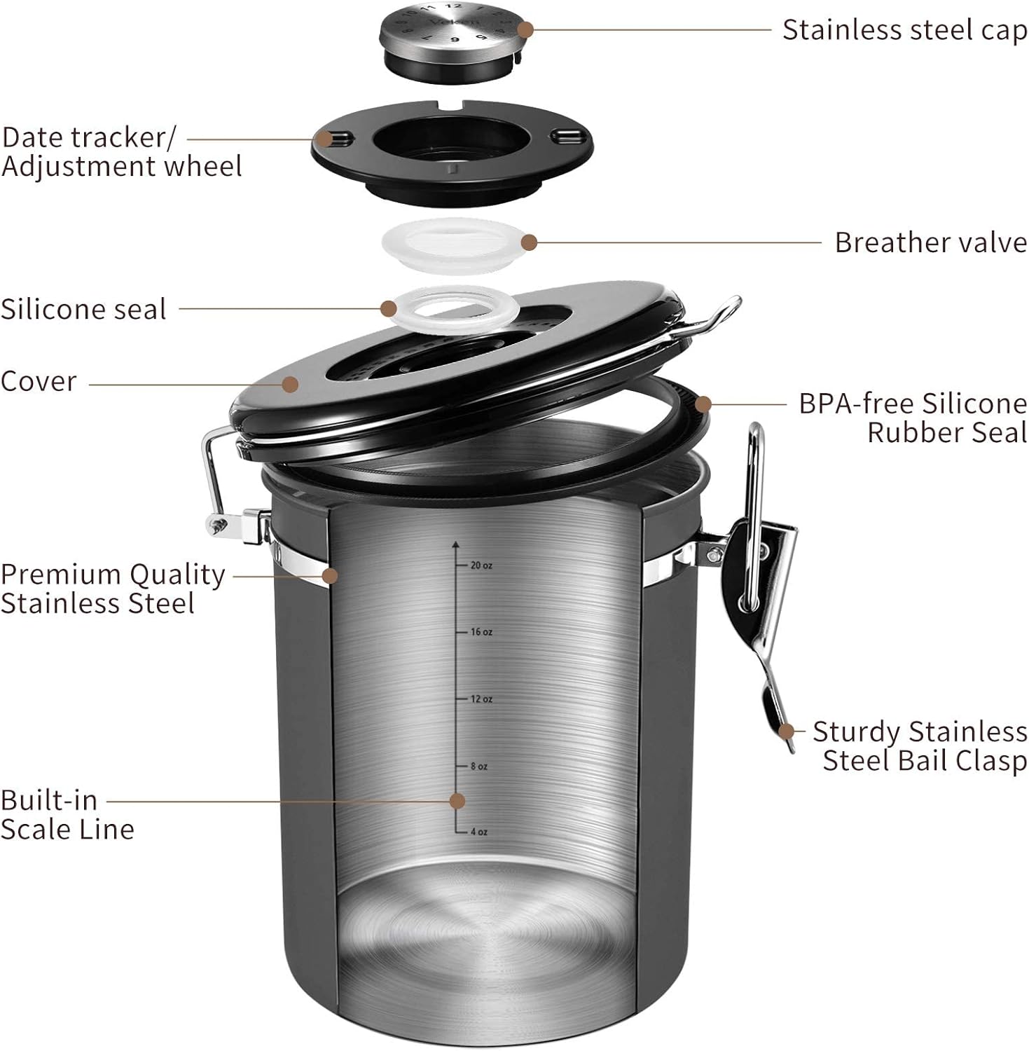 Veken Coffee Canister, Airtight Stainless Steel Kitchen Food Storage Container with Date Tracker and Scoop for Grounds Coffee, Beans, Tea, Flour, Cereal, Sugar, Cookies Jars, 22OZ Gray