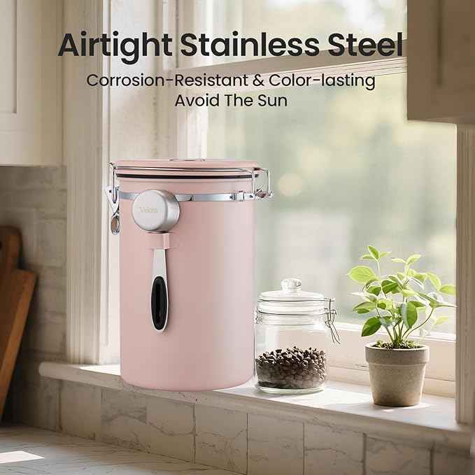 Veken Coffee Canister, 39OZ Large, Airtight Stainless Steel Food Storage Container for 2.2lbs Coffee Beans, Ground, Sugar, Tea, Cookie,Flour, Kitchen Bar Accessories with Date Tracker & Scoop, Pink