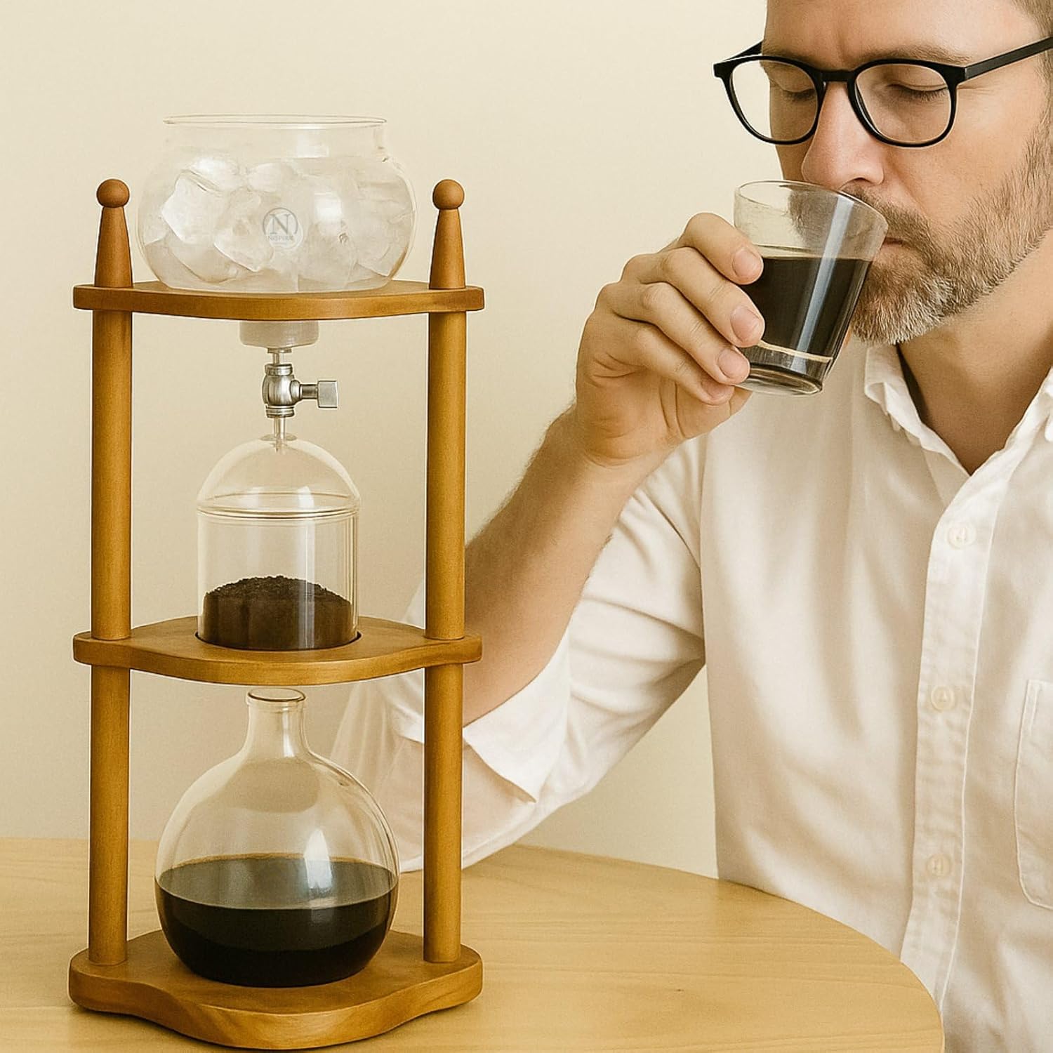 Nispira Cold Brew coffee Maker Ice Coffee Drip Machine with Advanced Slow Drip Technology Borosilicate Glass with Wood Tower, 6-8 Cup, Brown - Blissbrew