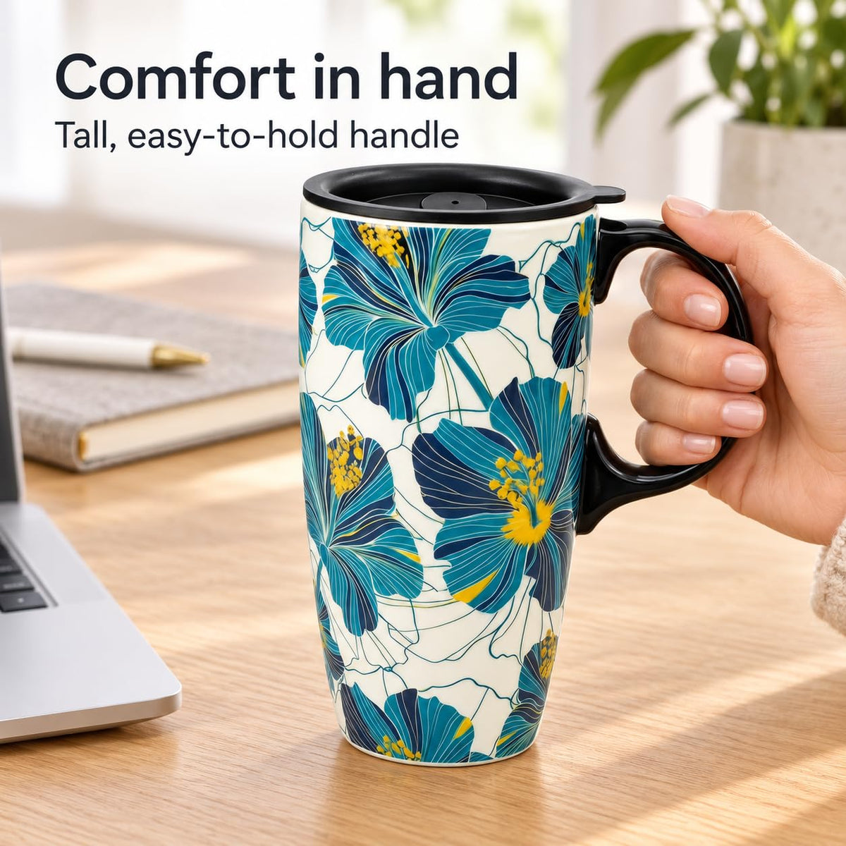 Tropical flower ceramic mug with lid removed