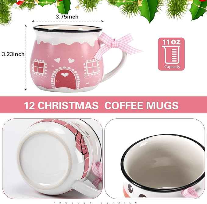Jinei Set of 6 Christmas Coffee Mugs Gift, 12 oz Hot Cocoa Ceramic Cup for Holiday Milk Tea Mugs Coffee Bar Decoration Christmas Gift for Mom Woman Family Friend(Pink,Snow House)