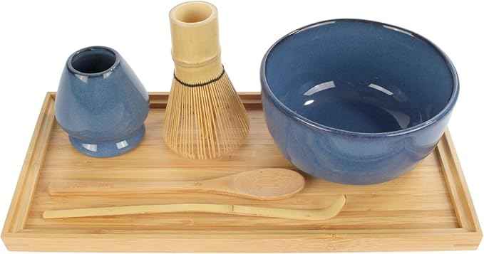 BambooMN Brand - Matcha Bowl Set (Includes Bowl, Rest,Tea Whisk, Chasaku, Tea Spoon & Tray) 1 Set Deep Blue
