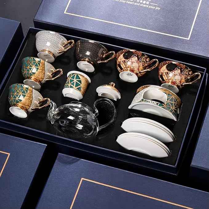 China Bone Porcelain Coffee Tea Set, English Light Luxury Afternoon Tea Set with Tea Stove Suitable as A Gift for Mother'S Day, Birthday, Christmas, and Gatherings (6-Symmetrical Cup)
