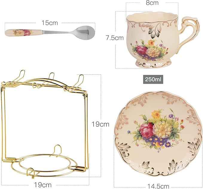 YOLIFE 8 OZ Flowering Shrubs Tea Cups and Saucers Set of 6, Ivory Ceramic Floral Teacups Set, Coffee Cups with Golden Rack