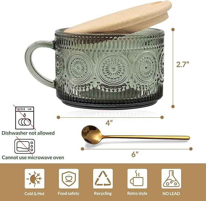Vintage Coffee Mugs Set of 4 Green, 14 Oz Overnight Oats Containers with Bamboo Lids and Spoons, Glass Breakfast Tea Cups, Cute Coffee Bar Accessories Christmas Gifts