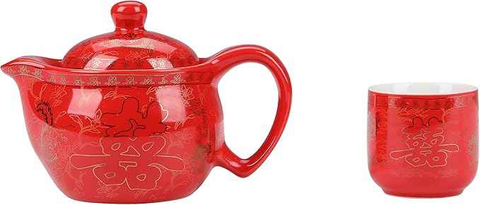Chinese Tea Set Traditional Red Ceramic with Chinese Teapot and 6 Porcelain Teacups, Asian Gongfu Style Collection for Tea Ceremony, Chinese Wedding Gift with Fabric Box