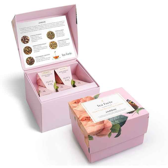 Tea Forte Jardin 3-Piece Premium Tea Gift Set with Rose Pink Cafe Cup with Lid, Tea Tray and 10 Assorted 2 of Each Variety Organic Handcrafted Pyramid Infuser Tea Bags