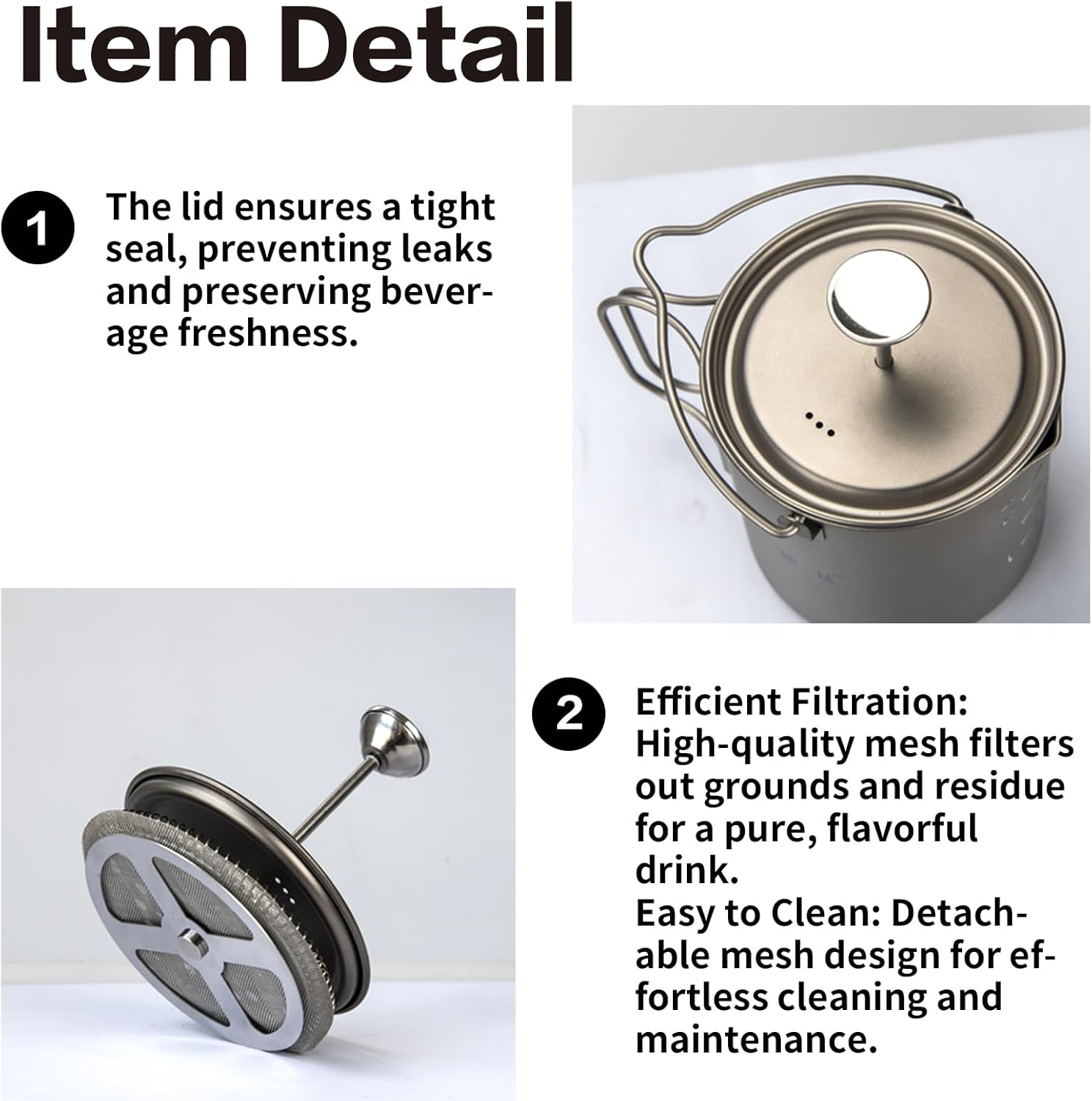 Titanium French Press Pot 750mL/25 fl oz Coffee Maker Camping with Lid and Filter Titanium French Press Cup Backpacking for Outdoor Hiking Camp - Blissbrew