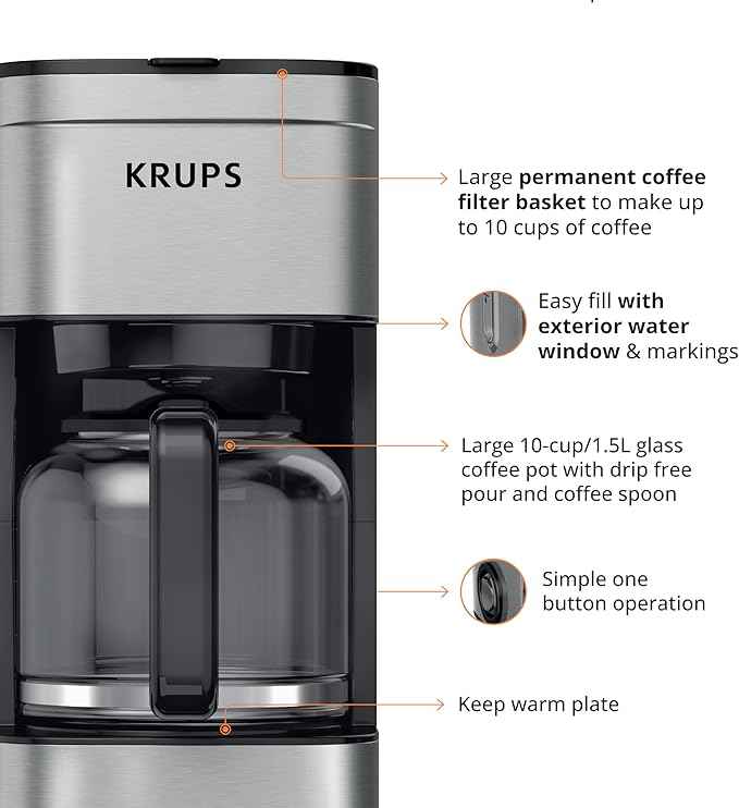 KRUPS Coffee Maker 10 Cups Simply Brew Stainless Steel Drip Coffee Maker,900 Watts-Coffee Filter,Drip Free,Dishwasher Safe Pot,Black & Silver,(Pack of 2)