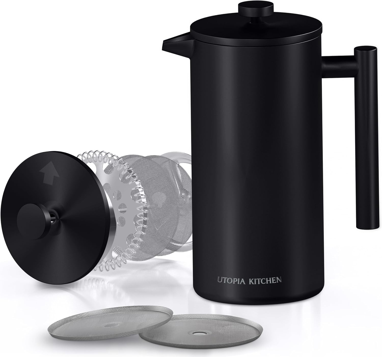 Utopia Kitchen French Press Coffee Maker, Double Wall Insulated Stainless Steel Coffee Press with 4-Level Filtration system, Includes 2 Extra Filters, Rust-Free, Dishwasher Safe (Black, 17 Ounce) - Blissbrew