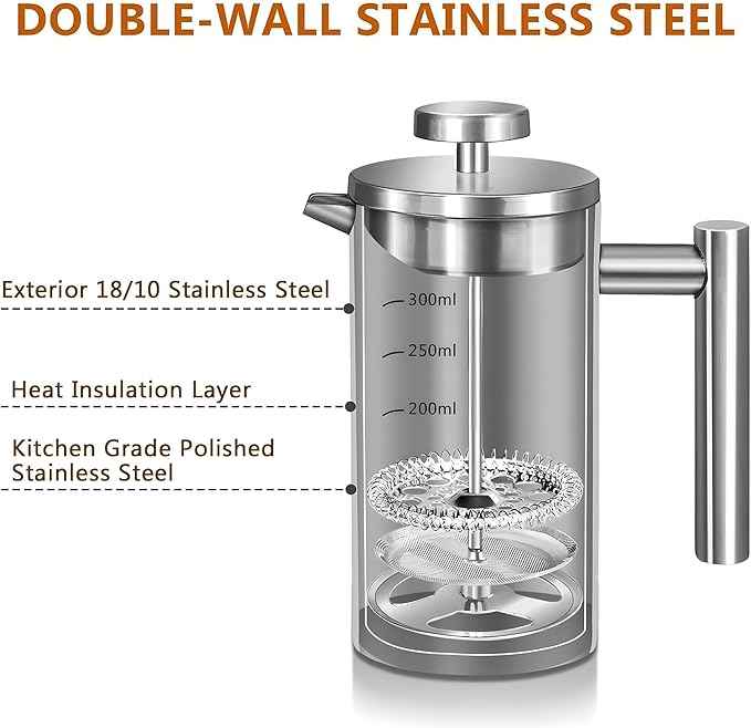 Small French Press Coffee Maker 1 Cup - 12oz/350ml Single Cup Metal French Press(1 Cup), Stainless Steel Double Wall Insulated Coffee & Tea Maker w/ 3 Extra Screens + 1 Spoon (Silver), Dishwasher Safe