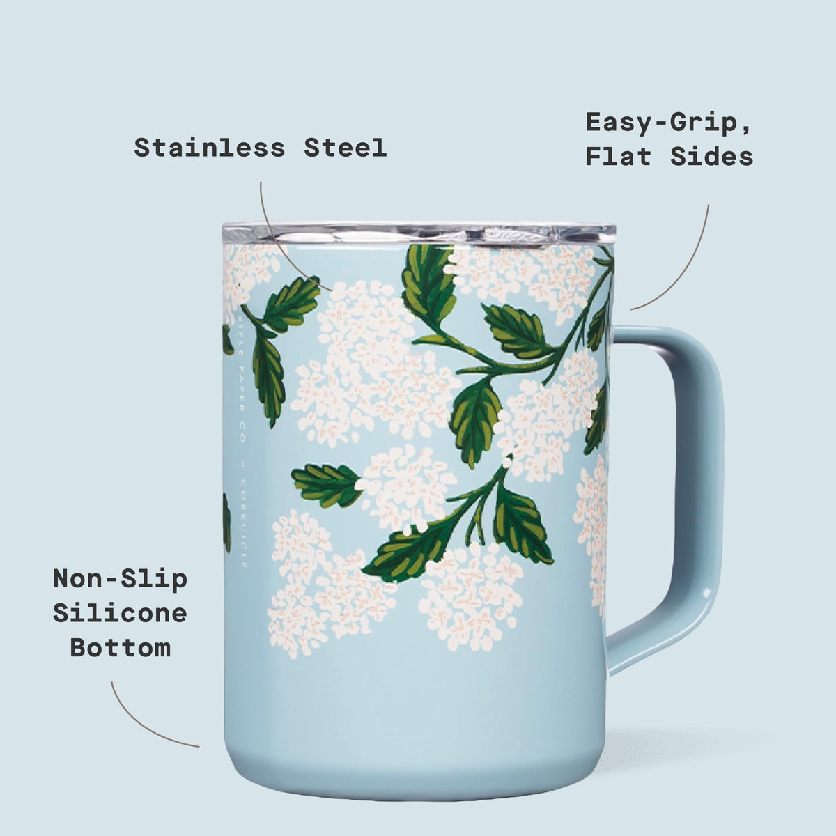 Coffee mug with flat sides and built-in handle