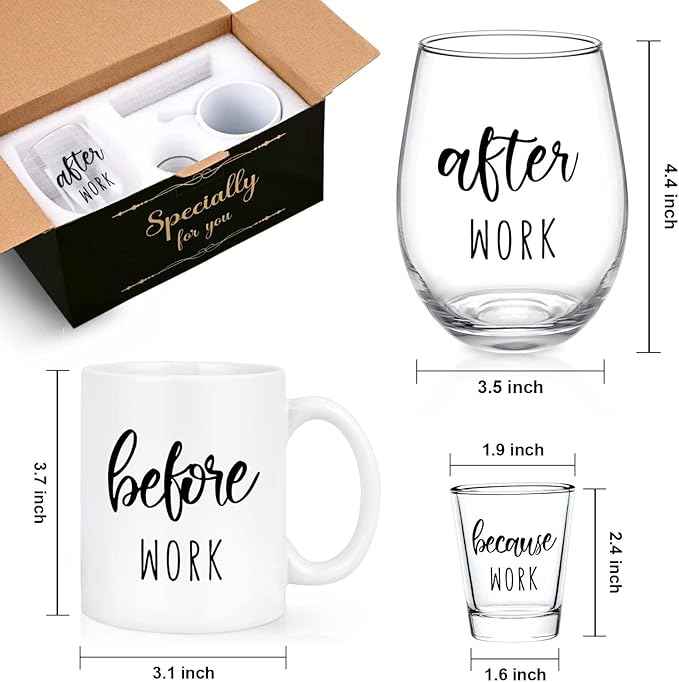 Futtumy Before Work After Work Gift Set 11oz Coffee Mug 17oz Stemless Wine Glass 2oz Shot Glass Set for Boss Coworker Manger Leader Employee, Office Gifts Bosses Day Gifts Christmas Gift for Women