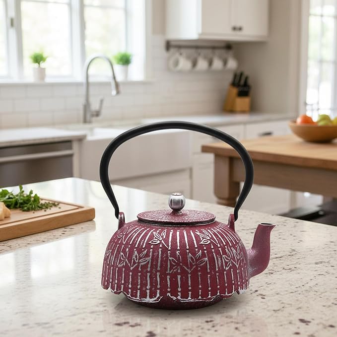 Tea Kettle, Japanese Cast Iron Teapot with Stainless Steel Infuser, Cast Iron Tea Kettle, Durable Teapot Coated with Enameled Interior (40.6oz Burgundy Bamboo Leaf Pattern)