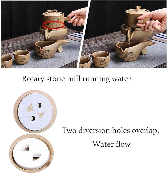 Chinese Gongfu Tea Gift Set, Service Automatic Stone-Mill Design Handmade Ceramics Tea Pot 6 Cups Japanese Kung Fu Tea for Adults Men Women Tea Ceremony Party Home Office Decor (lotus)