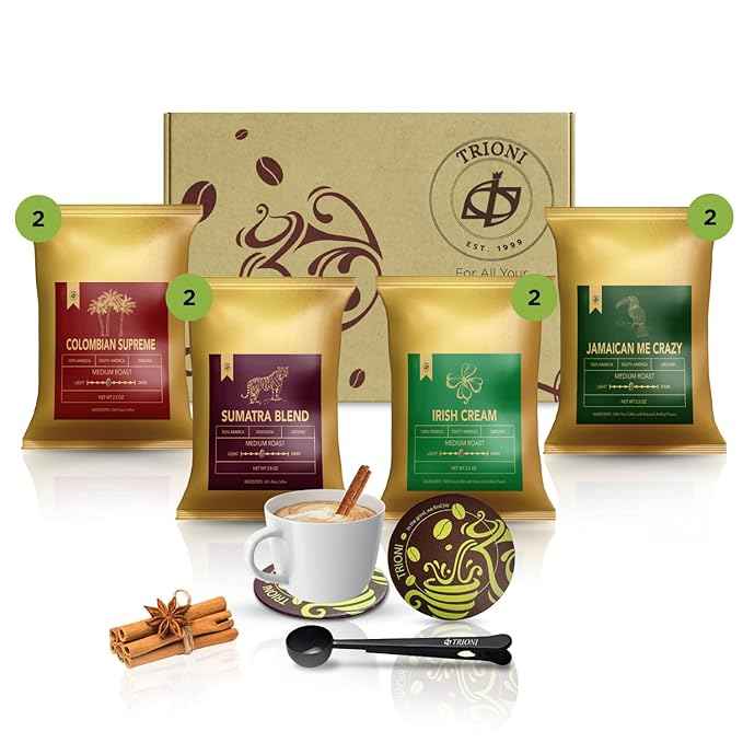 Coffee Sampler Gift Set - (8x2.5oz) TRIONI Ground Coffee Medium Roast Individual Coffee Packets Variety Pack - 4 Unique Flavored Coffee Packs - Including a Cinnamon Sticks, Coaster, Bag Clip and Spoon