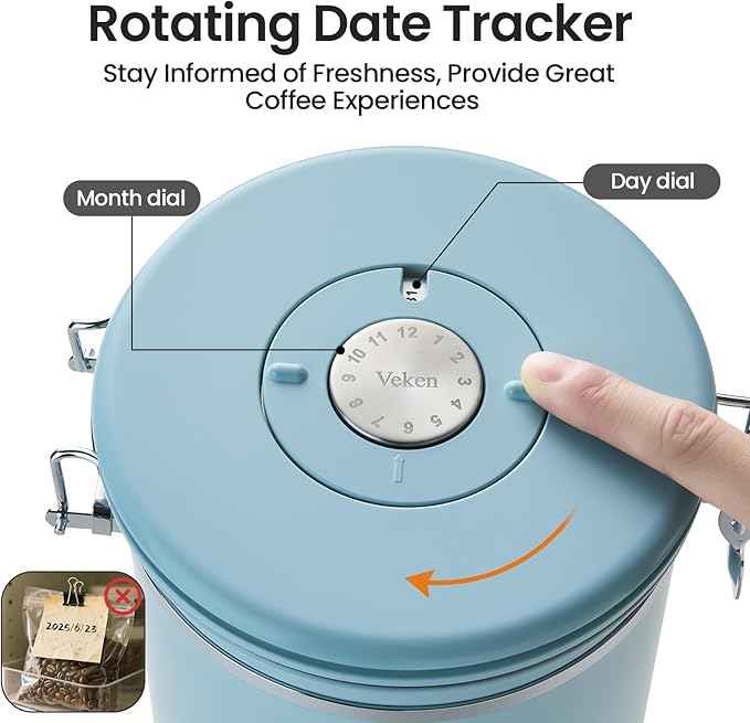 Veken Coffee Canister, 39OZ Large, Airtight Stainless Steel Food Storage Container for 2.2lbs Coffee Beans, Ground, Sugar, Tea, Cookie, Flour, Kitchen Bar Accessories with Date Tracker & Scoop, Blue
