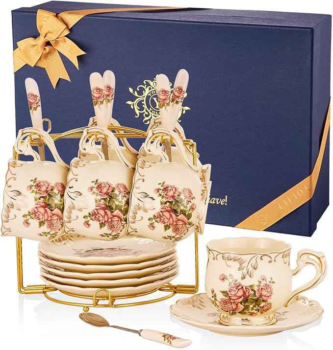 YOLIFE 8 OZ Tea Cups and Saucers Set of 6, Ivory Porcelain Tea Cups Set with Stand, Rose with Gold Leaves Trim Design, Gift for Women (Includes Gift Box, Tote Bag, Greeting Card)
