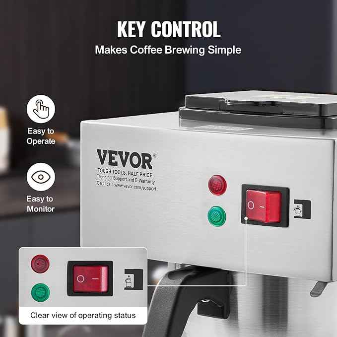VEVOR 12 Cups Commercial Drip Coffee Maker, Coffee Maker Machine with 3 Glass Carafes and 3 Warmer Plates, Stainless Steel Pour Over Coffee Brewer for Restaurant, Office, Cafe