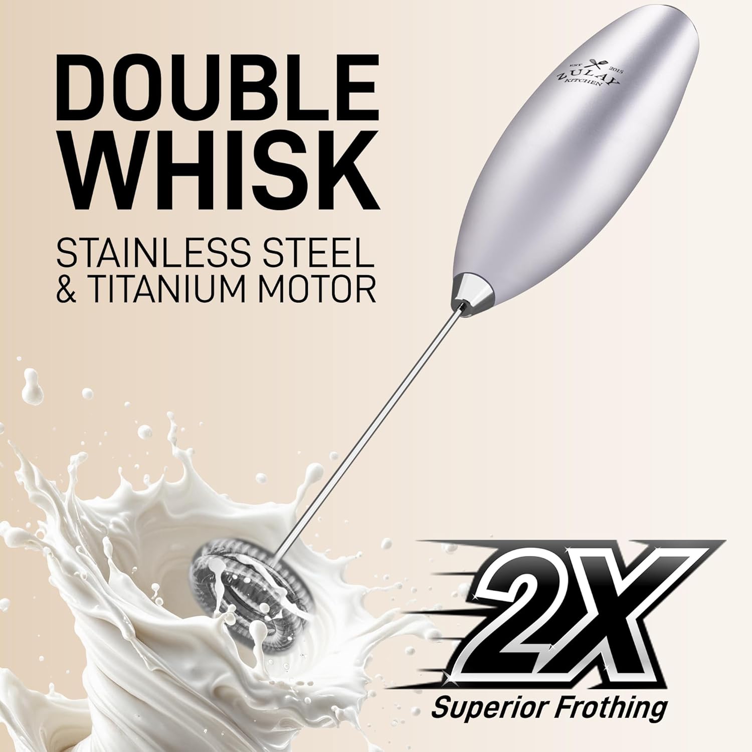 Zulay Kitchen Powerful Double Whisk Milk Frother Handheld - Foam Maker With Stand - Whisk Drink Mixer for Coffee, Mini Foamer for Latte, Matcha, Frappe, Hot Chocolate & Cappuccino (Silver)