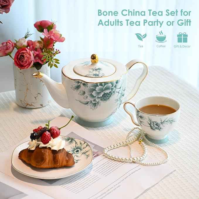 ACMLIFE Bone China Tea Sets for Adults, Blue and White Tea Gift Set, 21 Piece Porcelain, Cup and Saucer Set for 6 Vintage Floral Party for Women or Christmas Gifts Giving (Blue-Leaf-21)