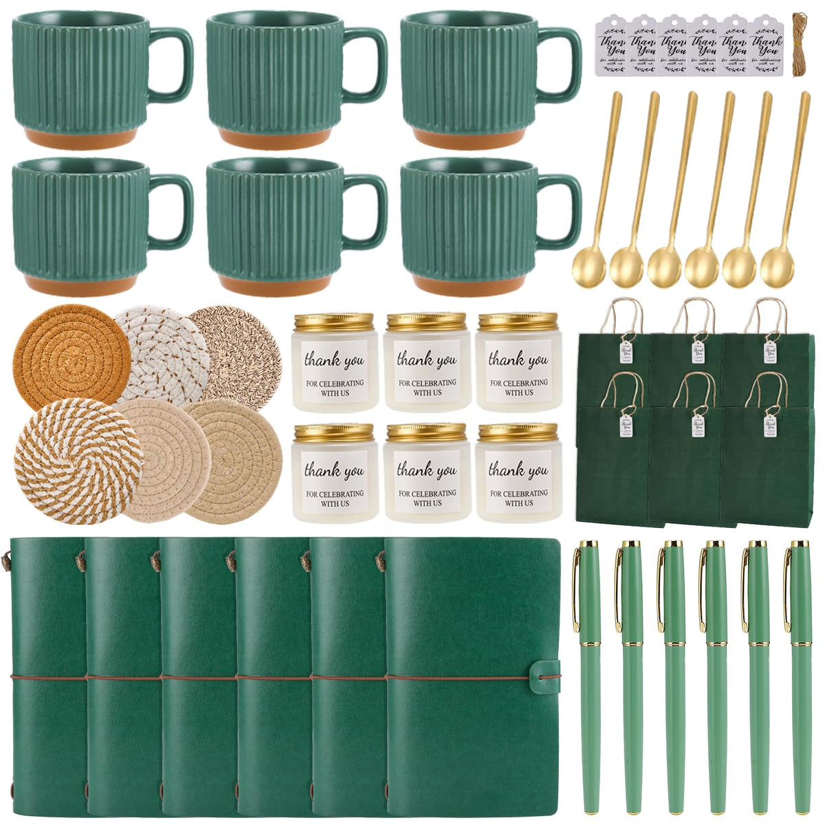 Party favor gift set with ceramic mugs for 6 guests