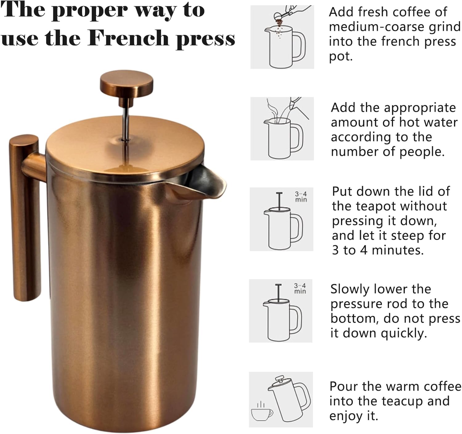YJX 34oz Coffee Maker, Stainless Steel French Press, 1 Liter Camping Coffee Pot, Tea Maker, 34 Ounce Travel Coffee Presses, Heat Resistant Double Insulated (Coppery) - Blissbrew