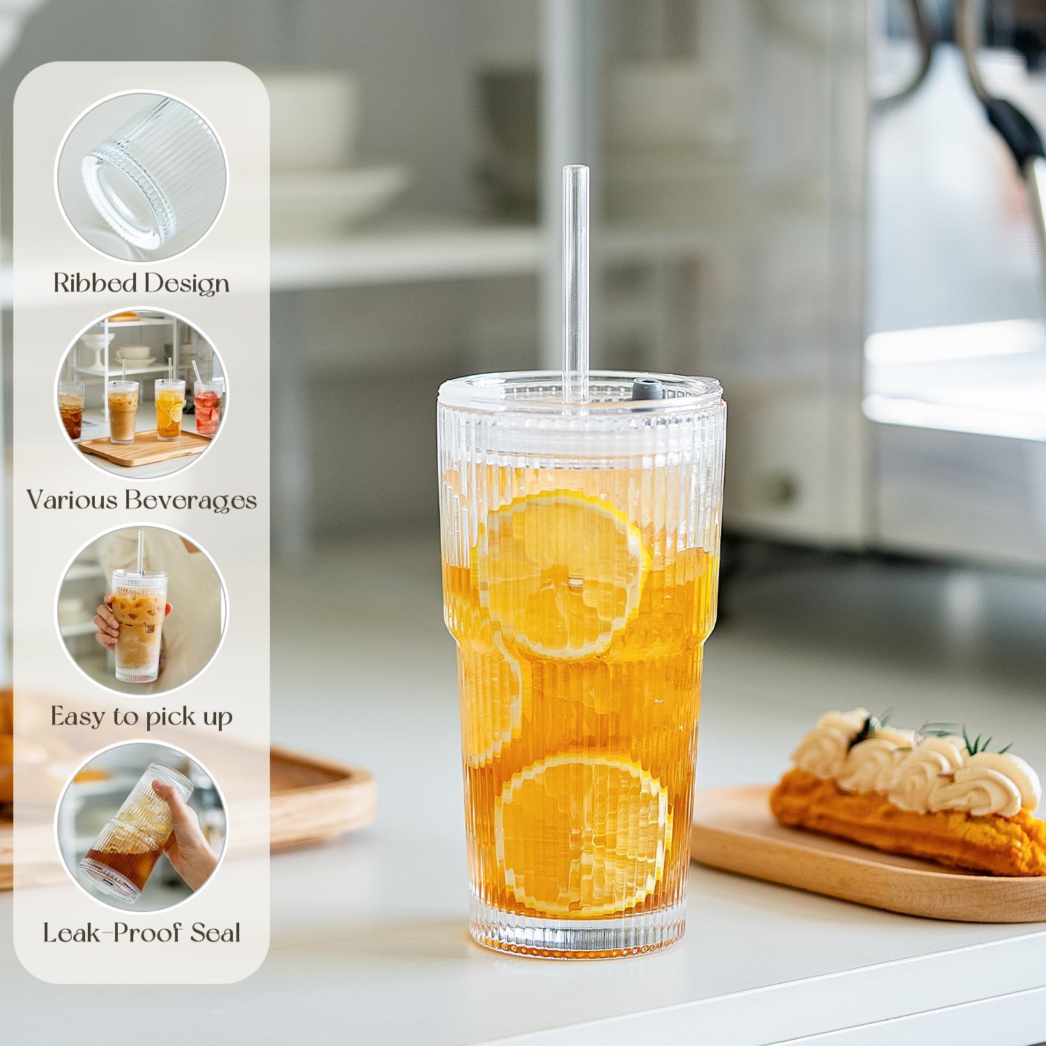 KEMORELA 2-Pack Ribbed Glass Tumblers with Lids & Straws – Vintage Iced Coffee Cups, Reusable Smoothie & Cocktail Drinking Glasses, Clear Glassware for Home or Cafe