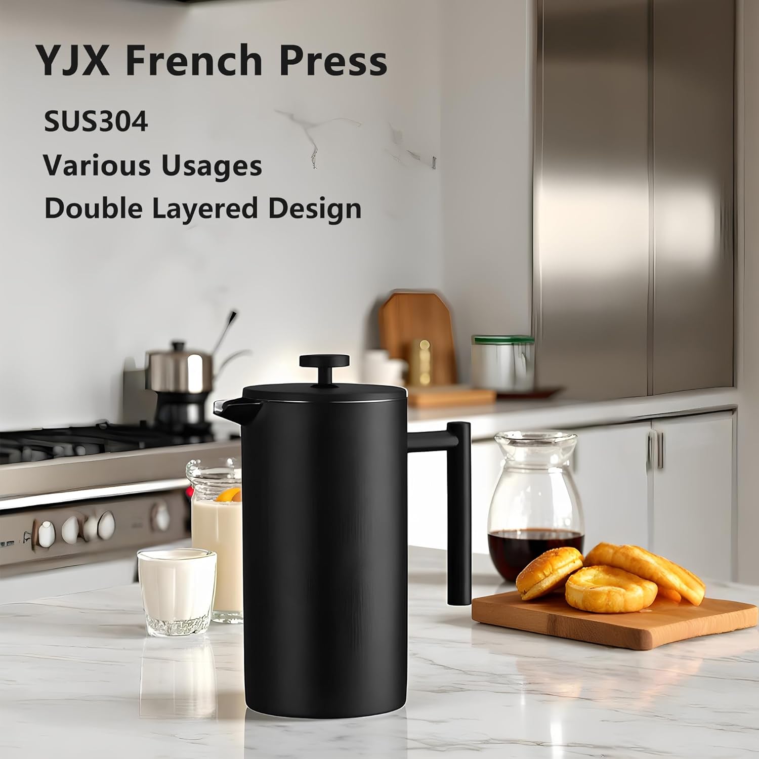 YJX 34oz Coffee Maker, Stainless Steel French Press, 1 Liter Camping Coffee Pot, Tea Maker, 34 Ounce Travel Coffee Presses, Heat Resistant Double Insulated (Black) - Blissbrew