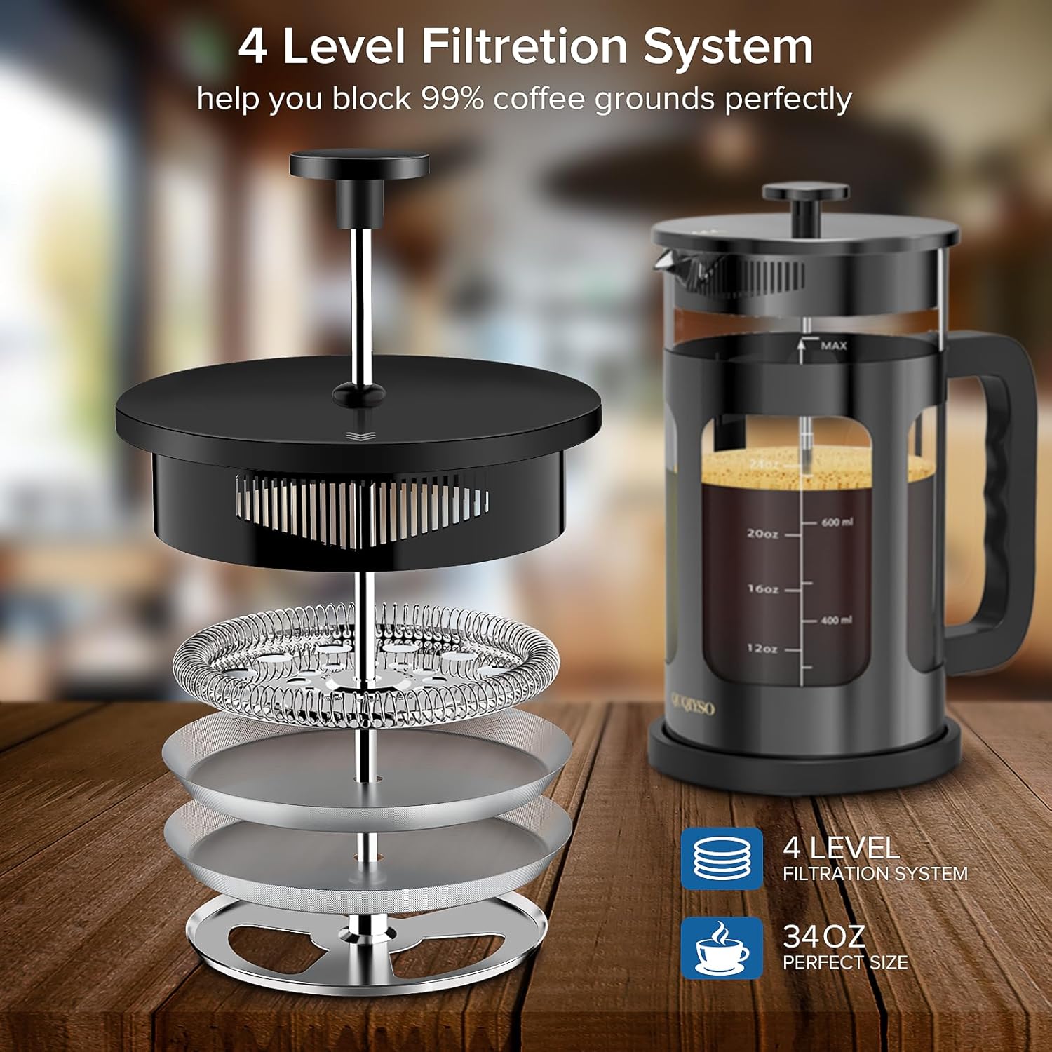 QUQIYSO French Press Coffee Maker 34oz 304 Stainless Steel French Press with 4 Filter, Heat Resistant Durable, Easy to Clean, Borosilicate Glass Coffee Press, 100% BPA Free Glass Teapot, Dark Pewter - Blissbrew