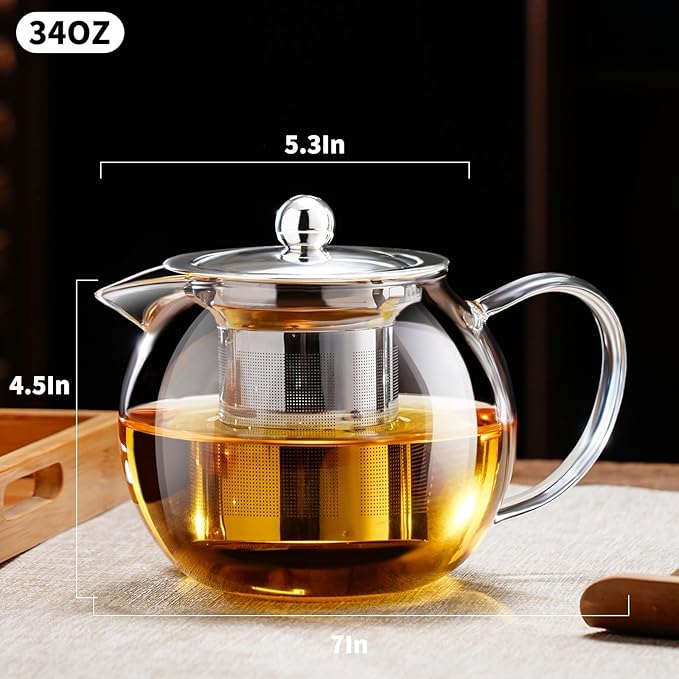 PARACITY Glass Teapot Stovetop 34OZ/1000ml, Tea pot with Removable 18/8 Stainless Steel Infuser, Borosilicate Clear Tea Kettle, Teapot Blooming and Loose Leaf Tea Maker Tea Brewer for Camping, Travel