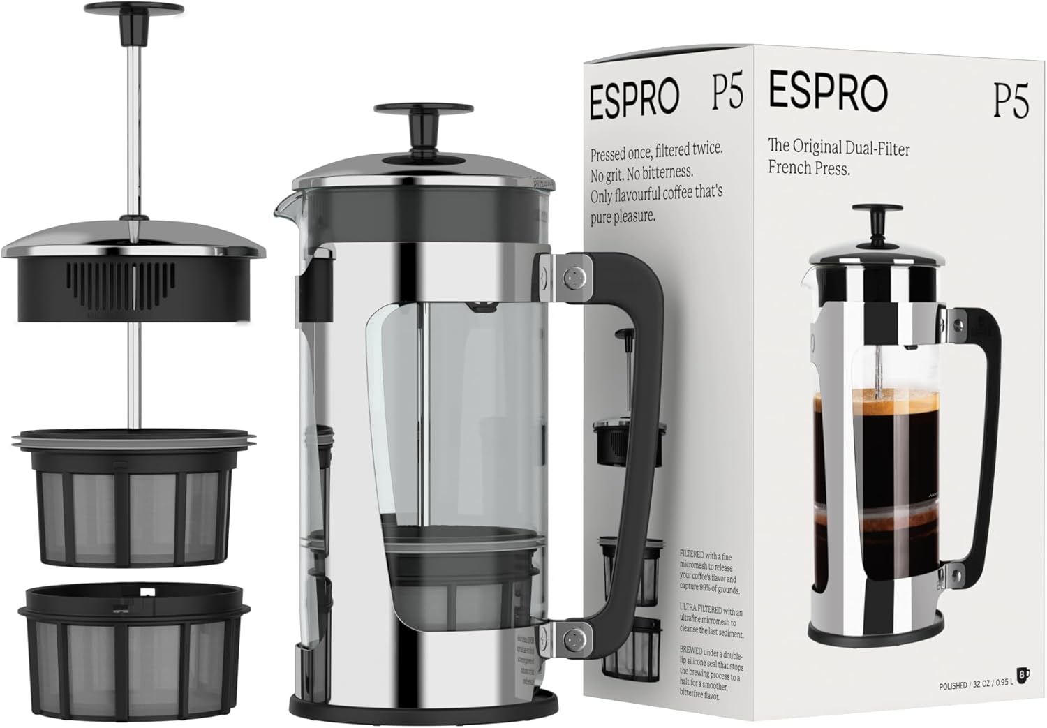 ESPRO - P5 French Press Coffee Maker – Patented Double Microfilter for Sludge and Grit Free Coffee, Black, 32 oz - Blissbrew